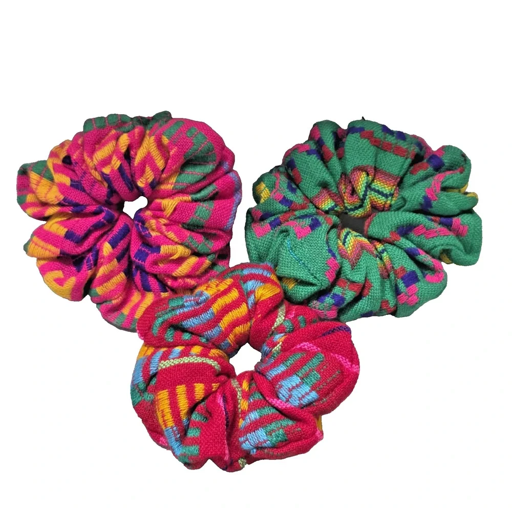 3pc Mexican Guatemalan Artisan Woven Fabric Scrunchies Lot Bohemian